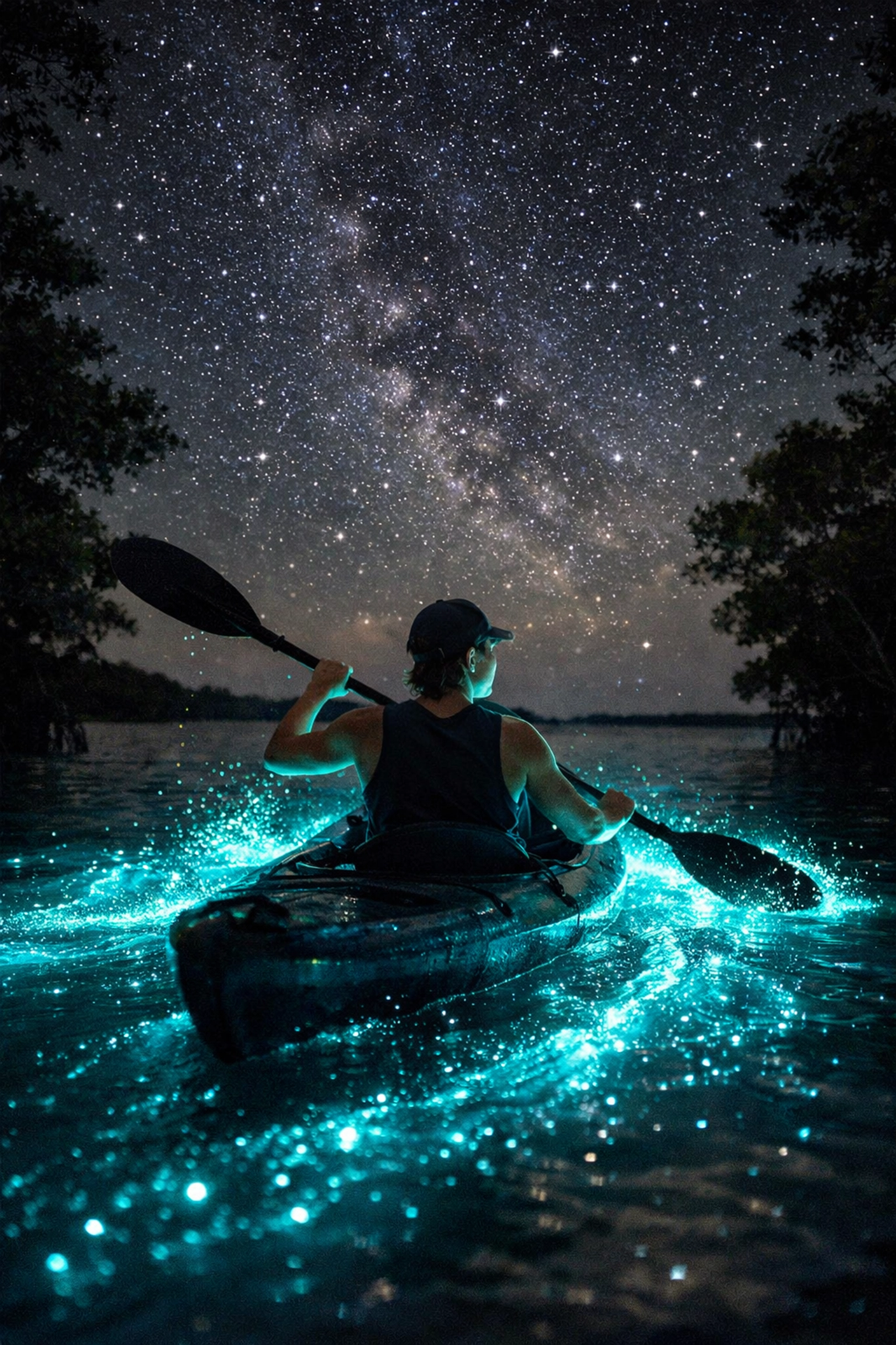 Kayaker paddling through glowing bioluminescent bay at night in Vieques, Puerto Rico
