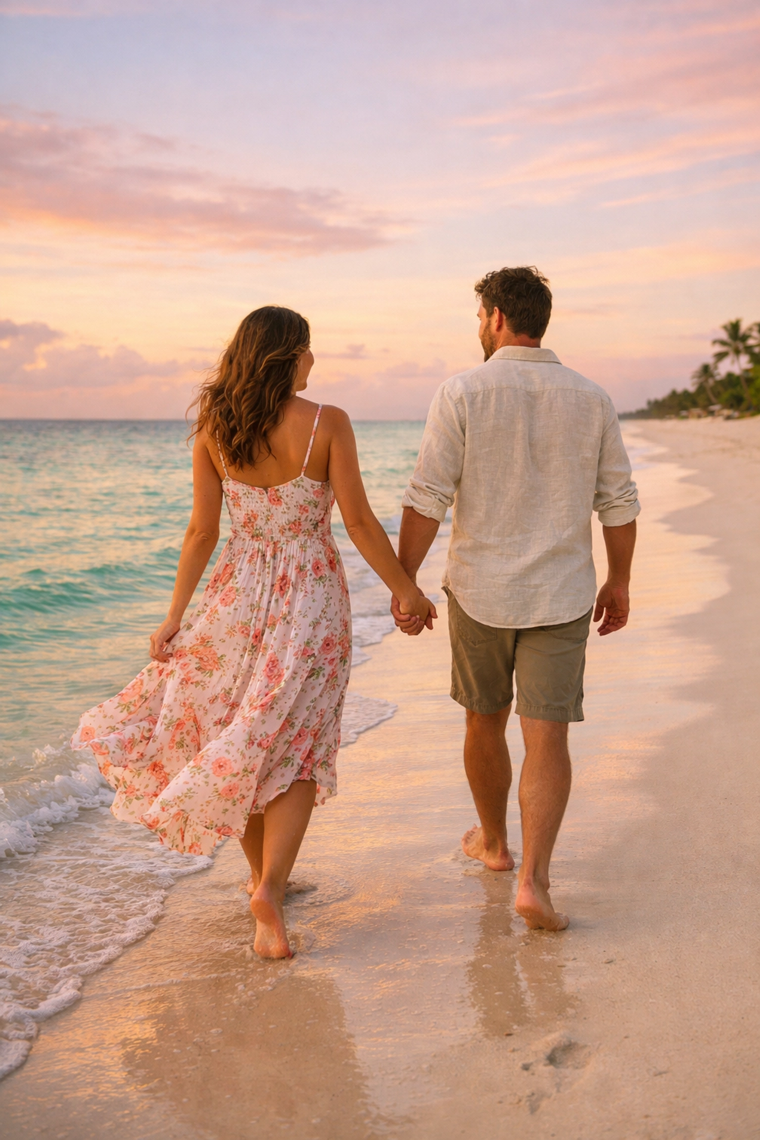 Couple walking hand-in-hand on pristine Grace Bay Beach in Turks and Caicos at sunset
