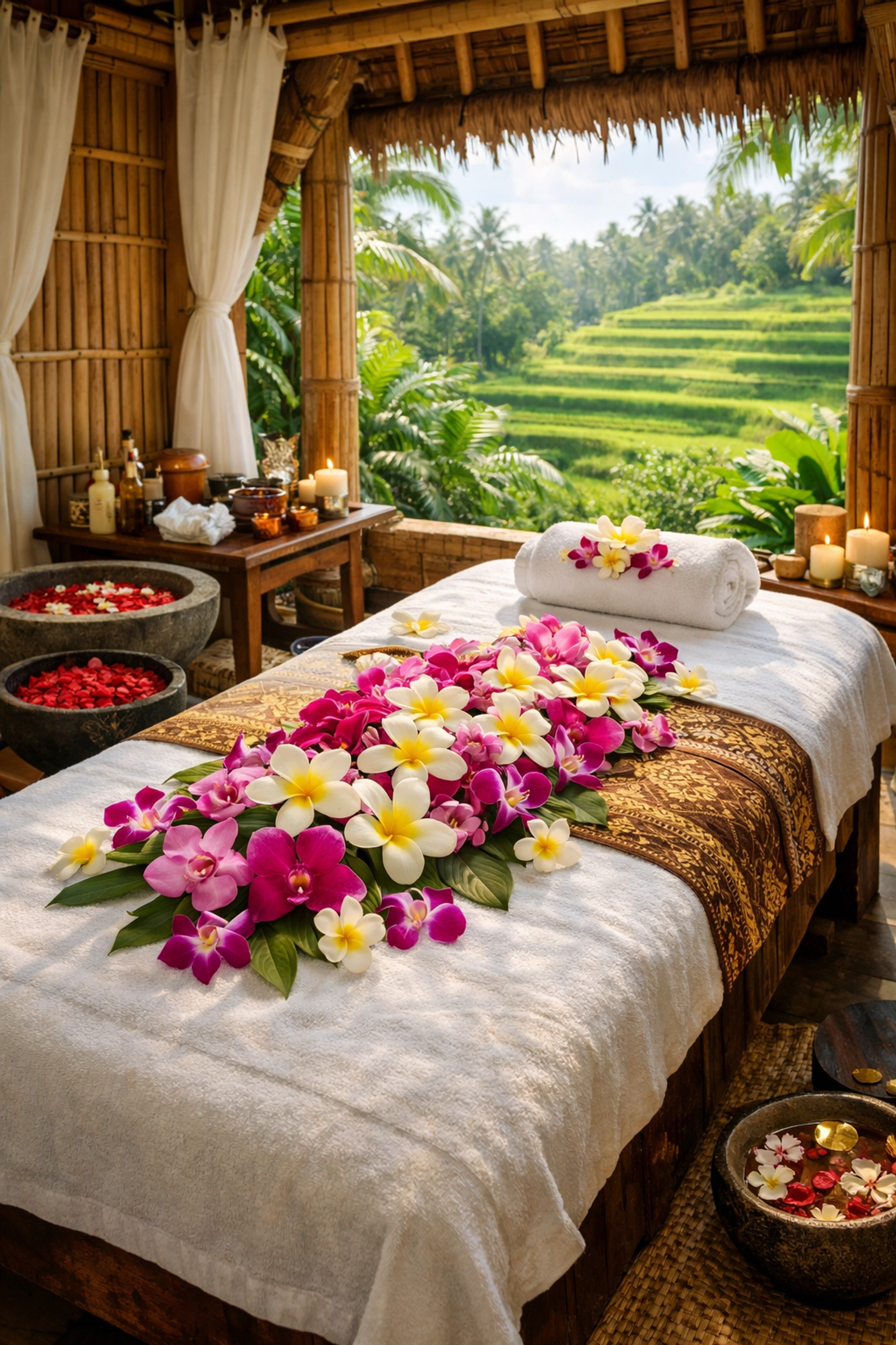 Traditional Balinese spa treatment room with tropical flowers and rice terrace views in Bali wellness retreat