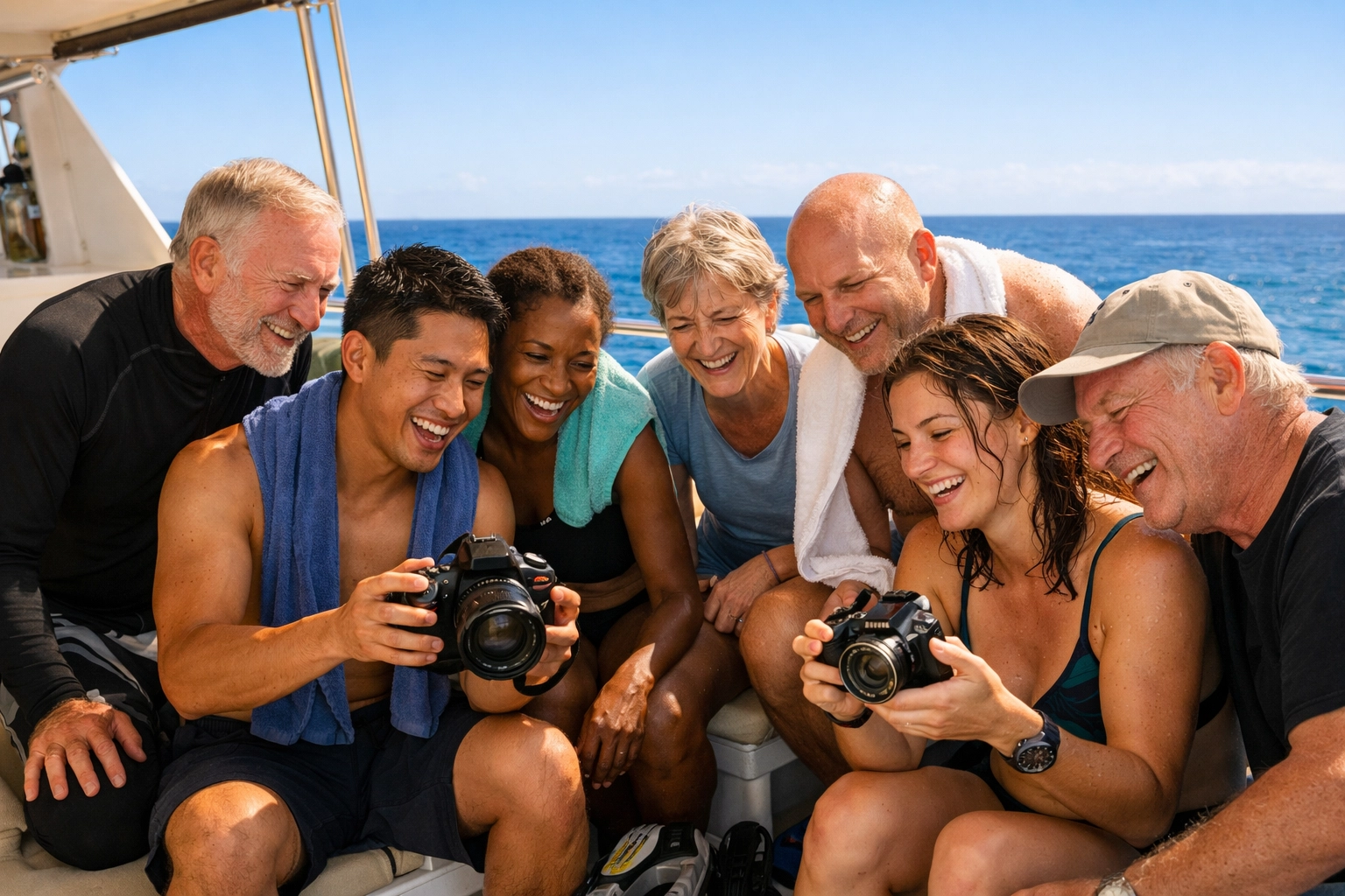 Divers sharing stories and photos on liveaboard sun deck between dives