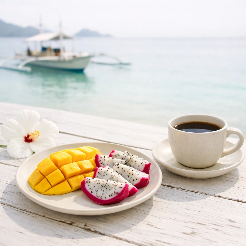 Tropical breakfast at a luxury boutique resort in Bohol overlooking the turquoise Philippine sea.
