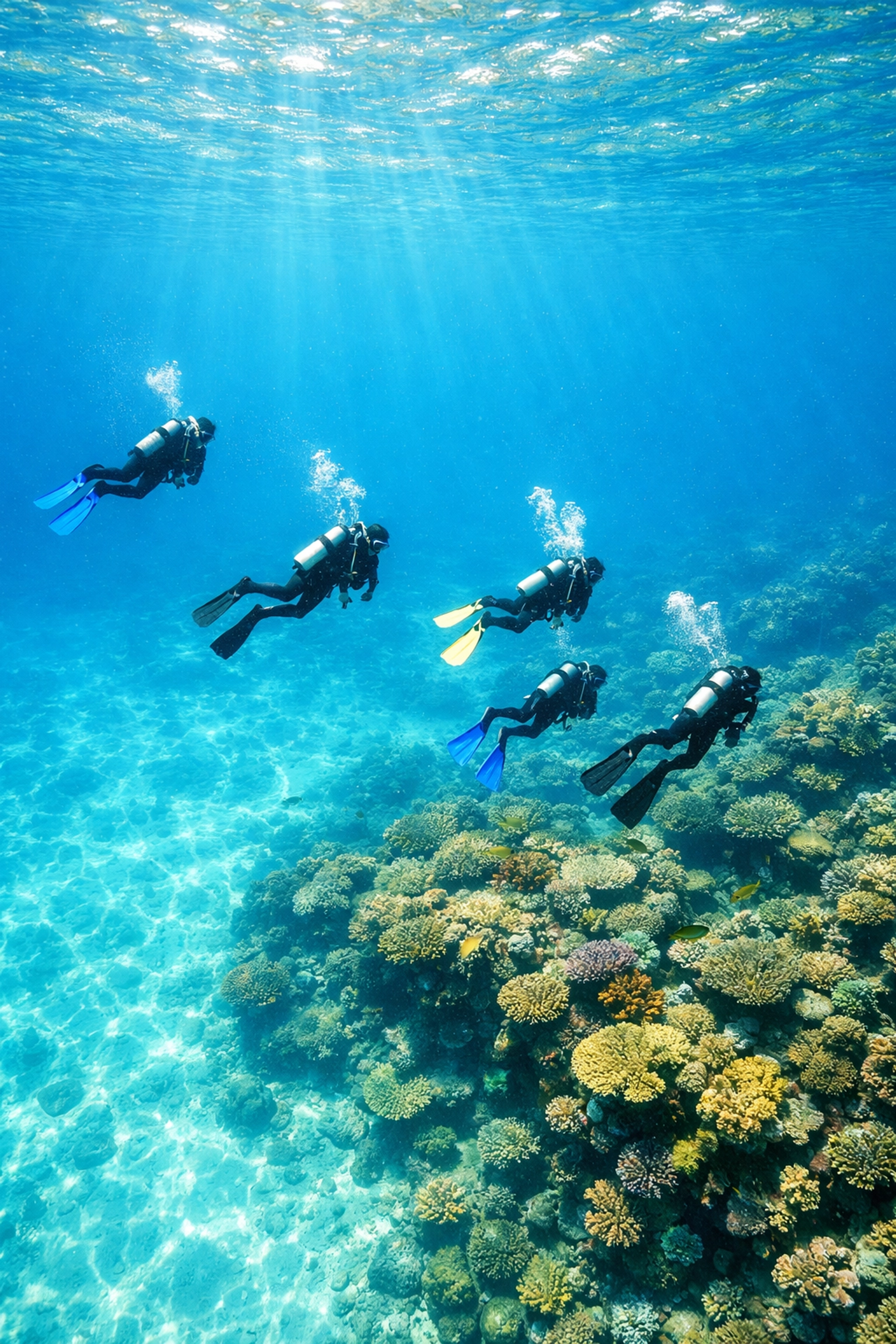 Small group of scuba divers exploring uncrowded coral reef in crystal-clear water