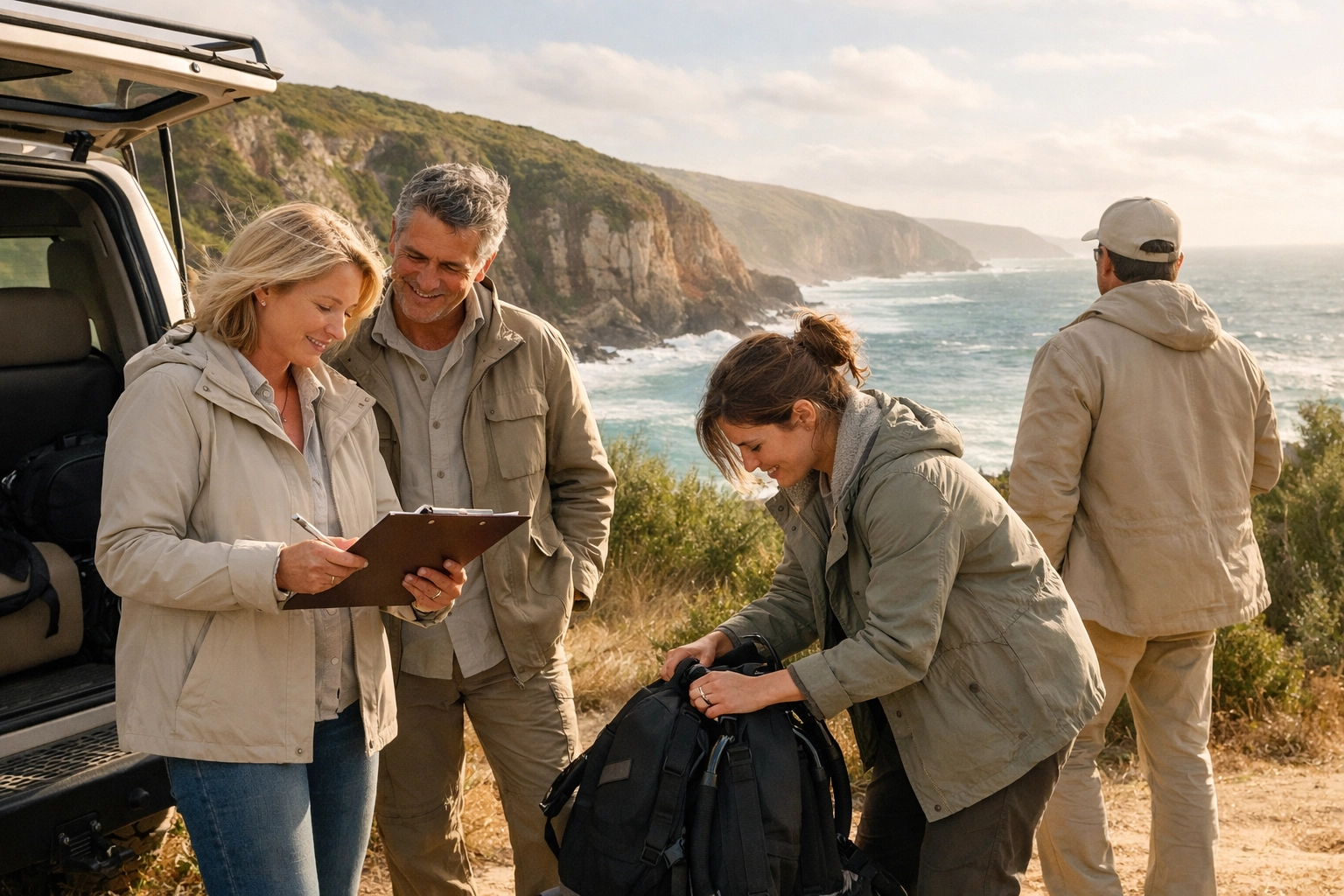 Scuba divers planning their trip with a travel concierge near the scenic cliffs of the Wild Coast, South Africa.