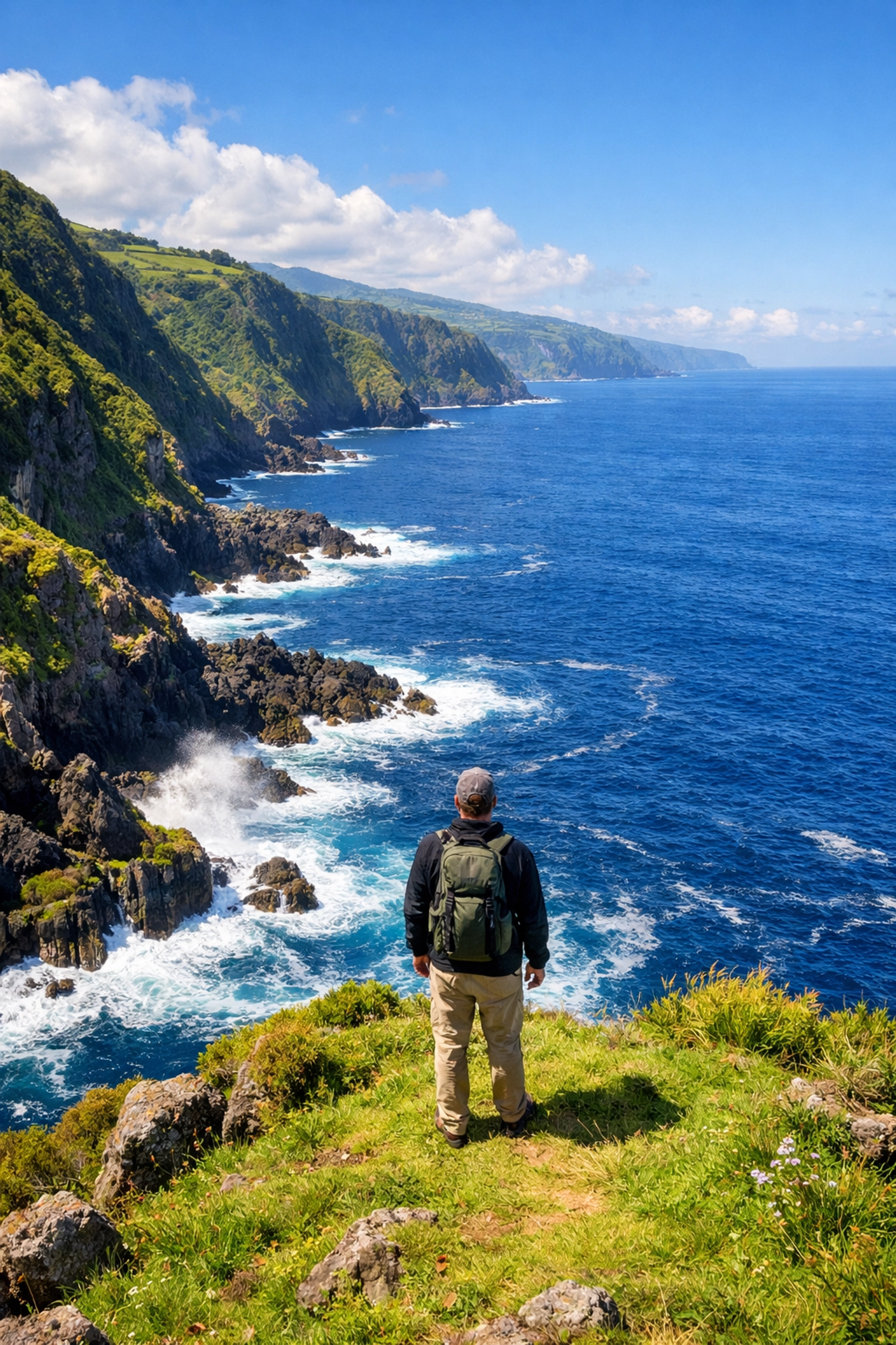 Dramatic green volcanic cliffs and sapphire Atlantic waters along the rugged coastline of the Azores islands.