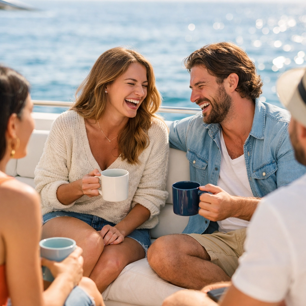 A small group of friends enjoying a soulful moment on a boat during a Java Travel USA group trip.