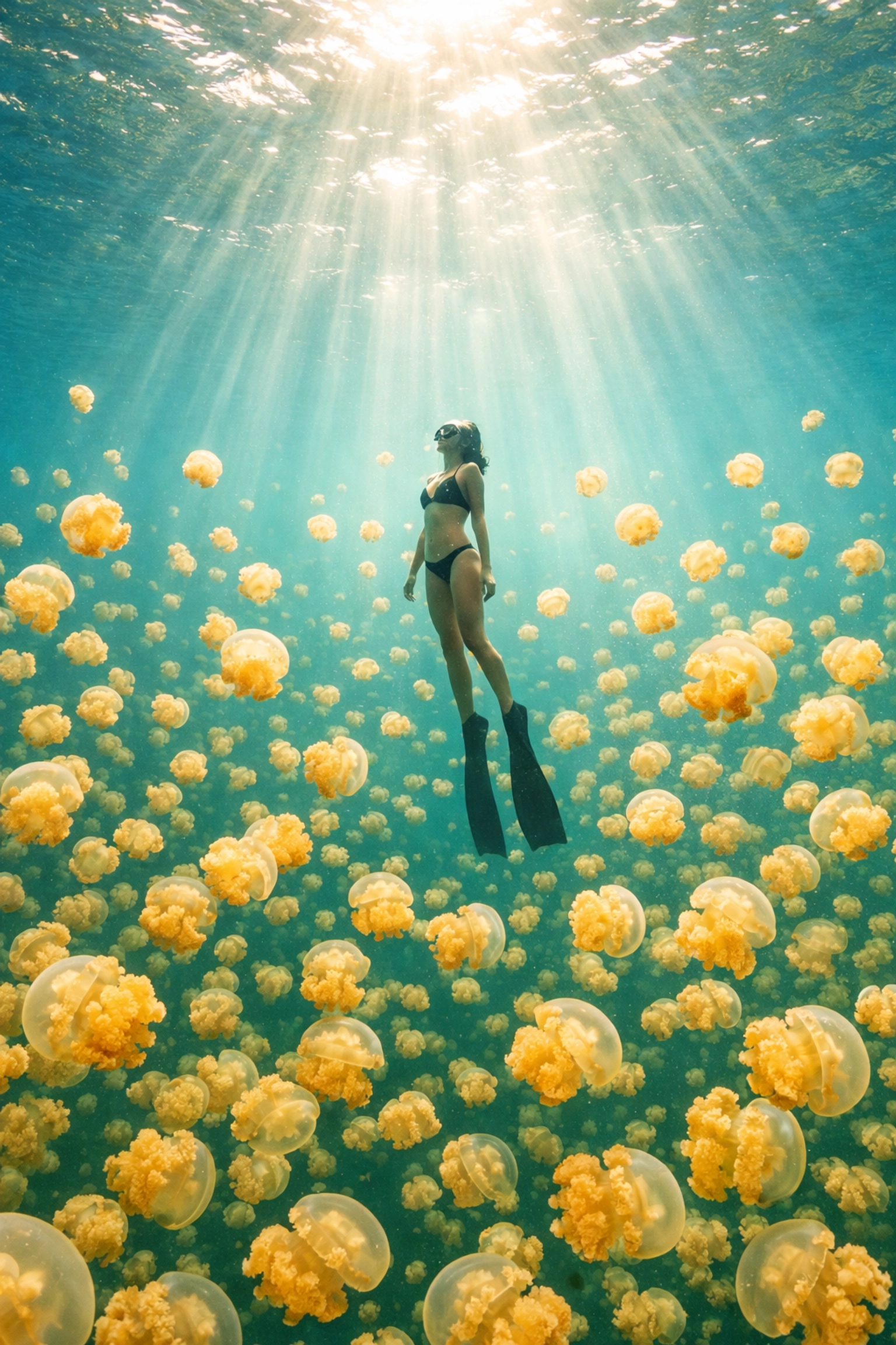Freediver swimming through thousands of golden jellyfish in the crystalline waters of Jellyfish Lake, Palau.
