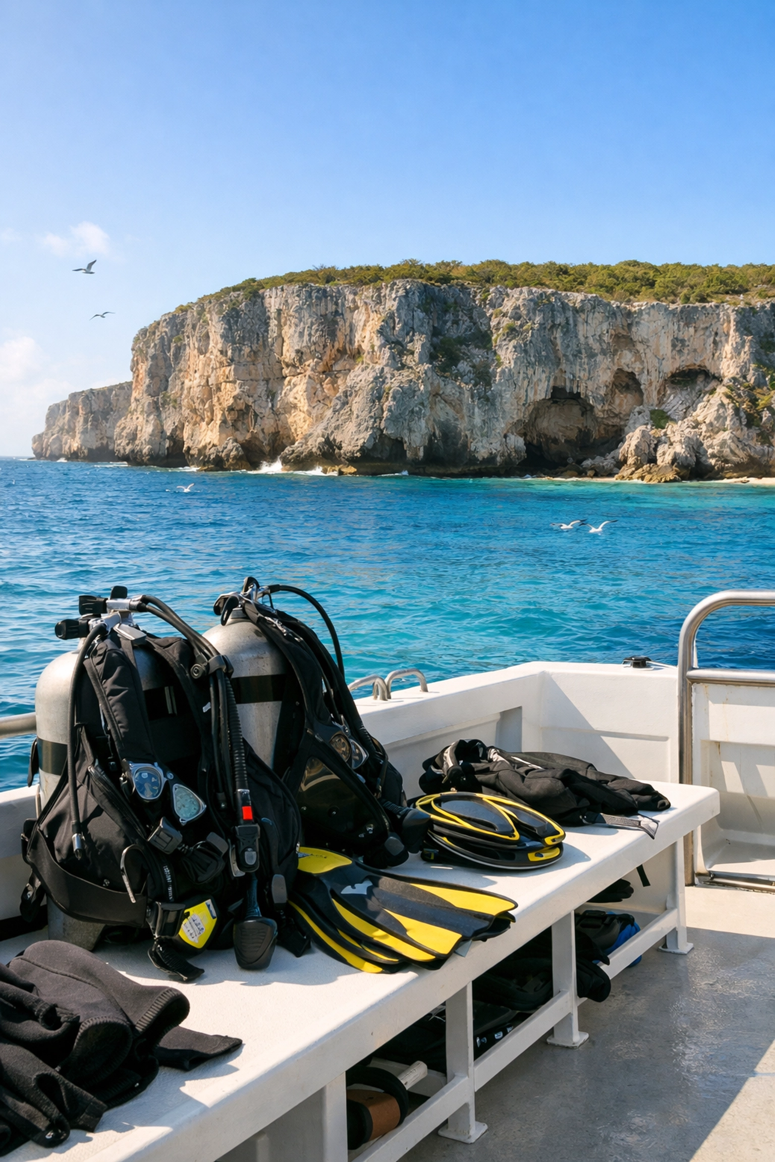 Live-aboard dive boat approaching Mona Island's dramatic coastal cliffs