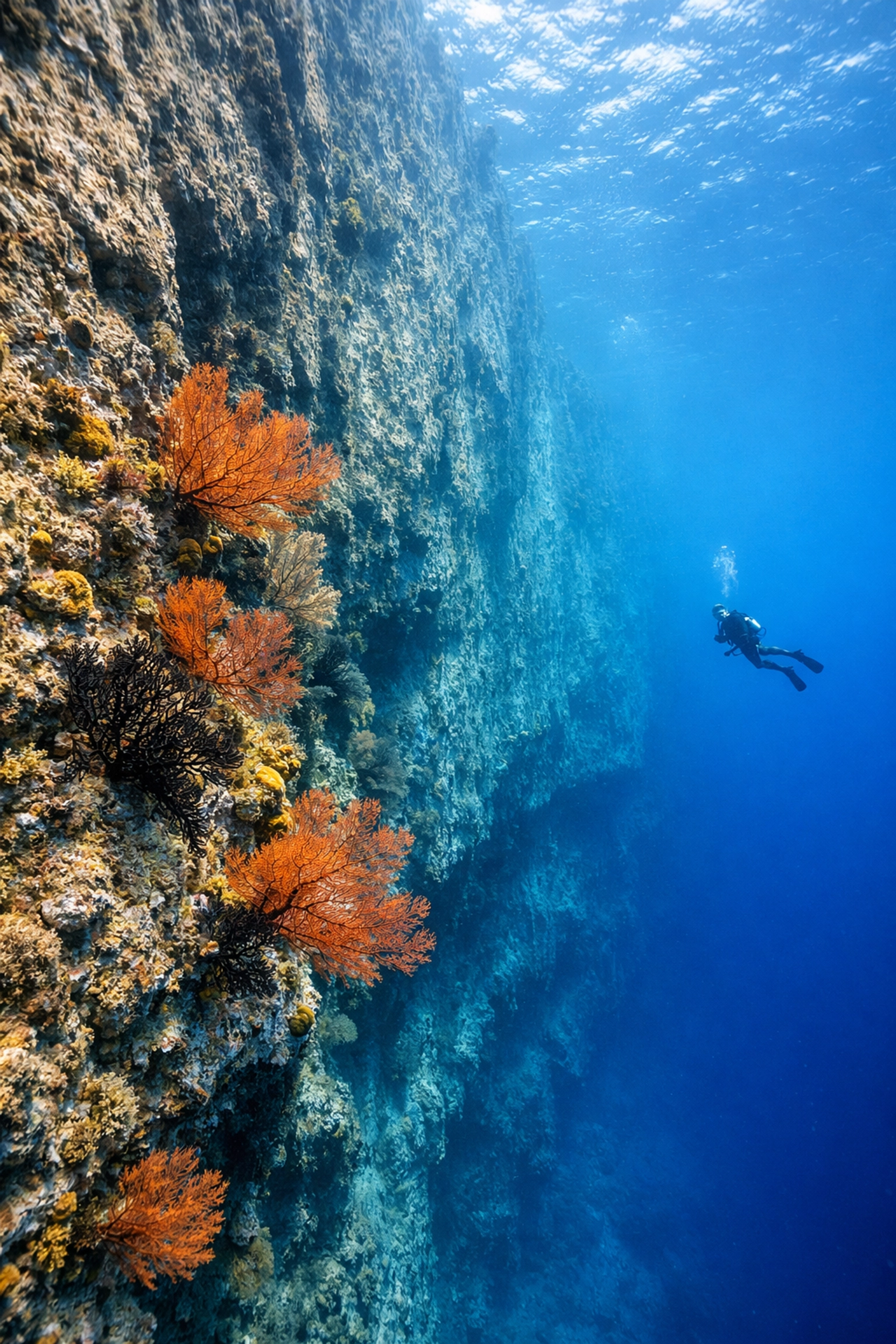 Dramatic underwater wall dive at Mona Island Caribbean with diver and coral formations