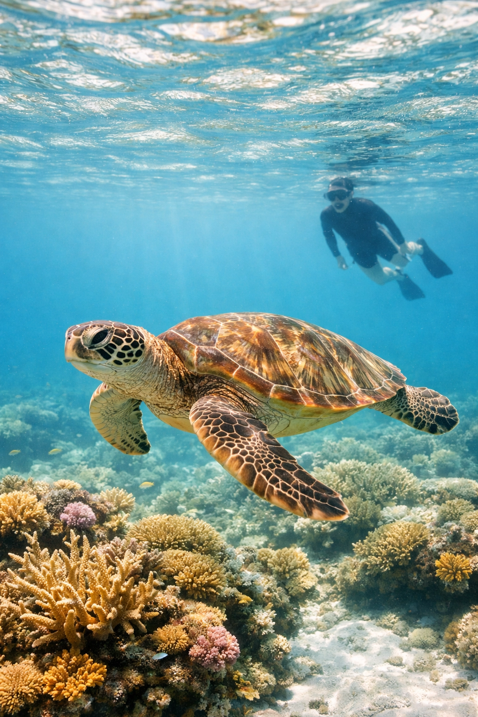 Green sea turtle swimming through crystal-clear water at the Balicasag Island marine sanctuary.