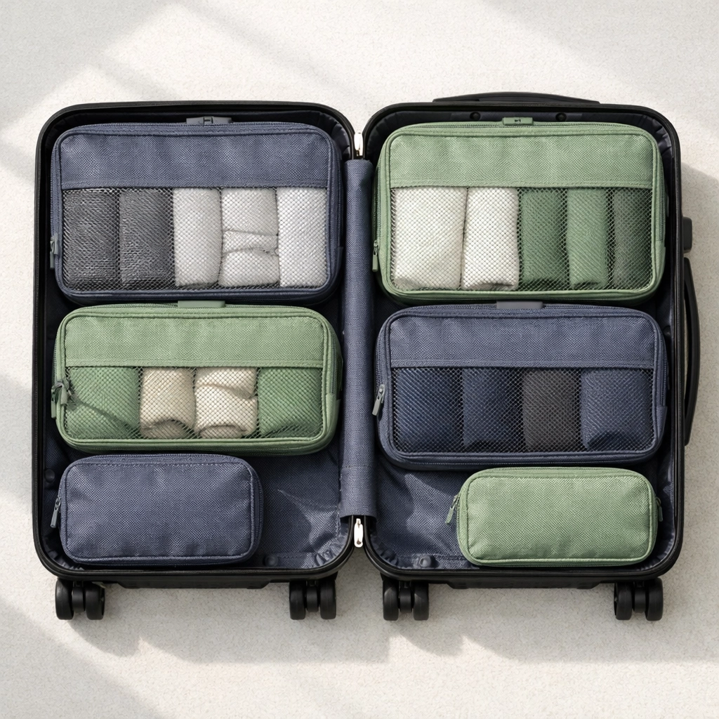 A perfectly organized suitcase using color-coded packing cubes for efficient travel packing.