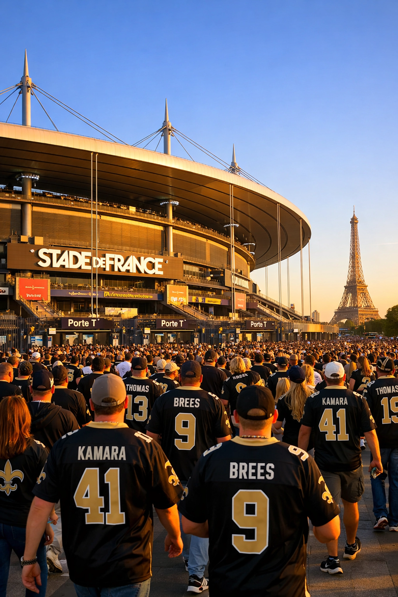 Saints fans in black and gold entering Stade de France with Eiffel Tower visible in Paris 2026