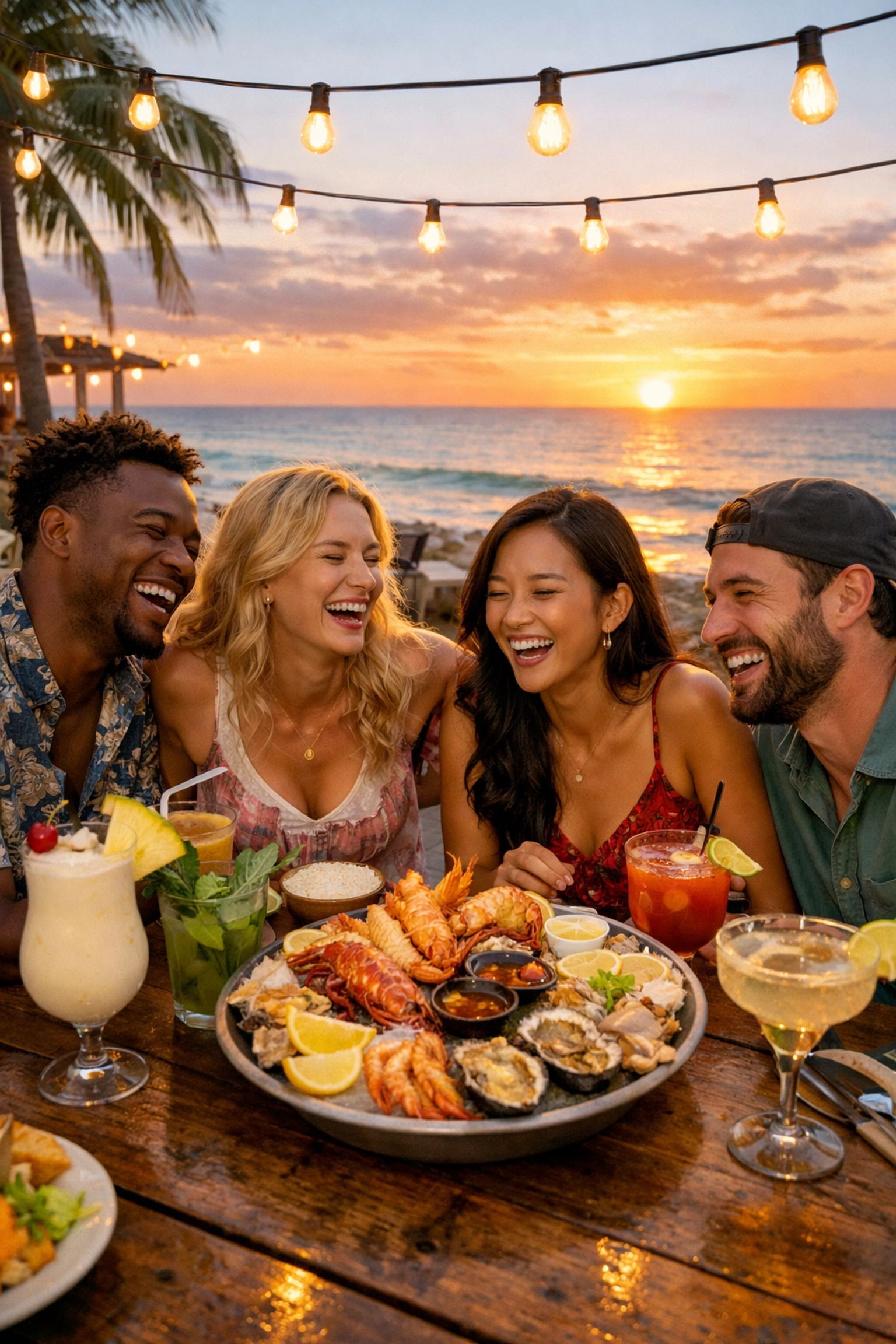 Friends dining together at beachside restaurant in Fiji with tropical cocktails and ocean sunset views