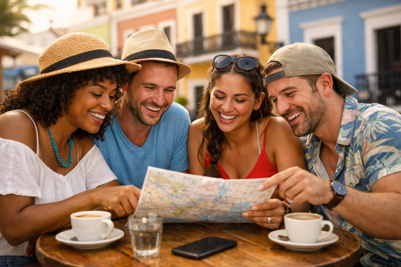 Travelers planning Puerto Rico dive itinerary at Old San Juan cafe