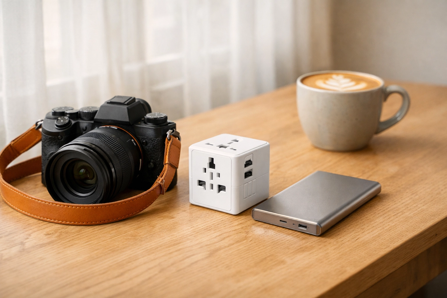 Travel technology essentials including a mirrorless camera and power bank on a sunlit table.
