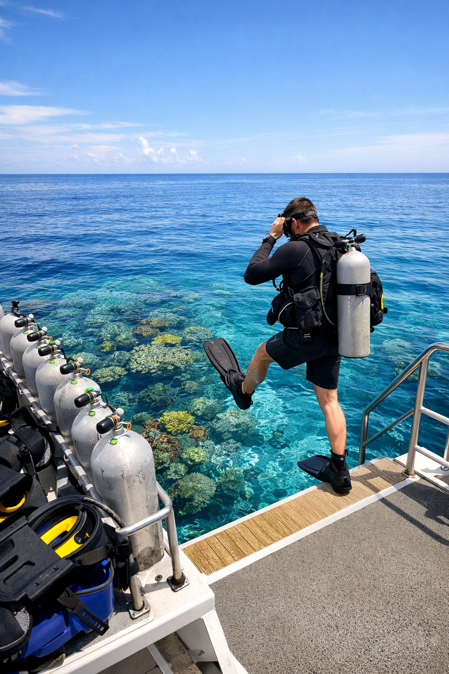 Scuba diver entering Caribbean water from liveaboard dive platform