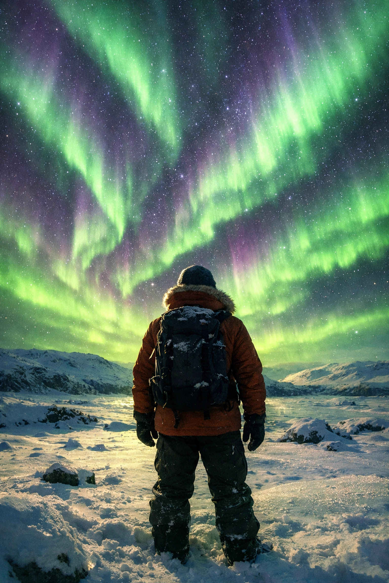 Traveler watching spectacular Northern Lights aurora display in Arctic wilderness
