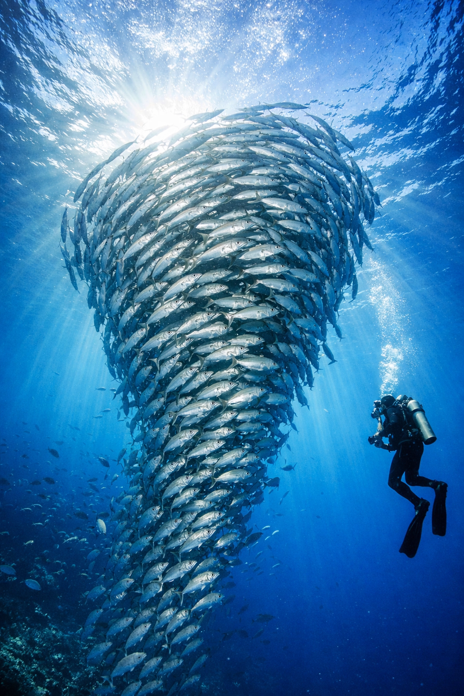 Massive school of fish swirling in remote Indonesian dive site with lone diver
