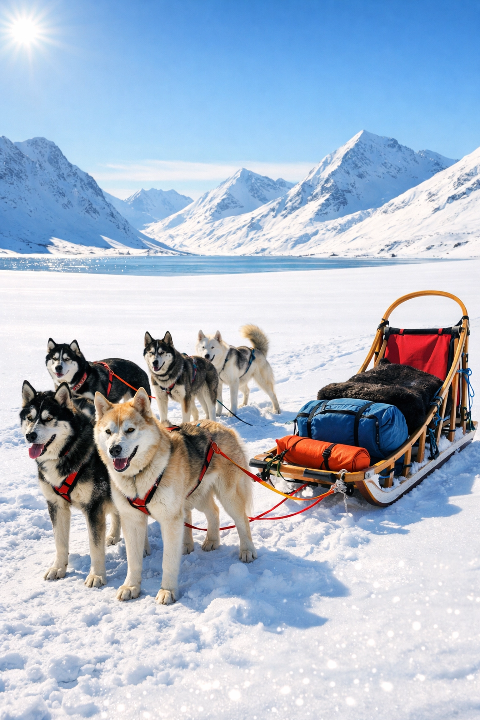 Husky dog sled team on snowy Arctic terrain during winter daytime adventure