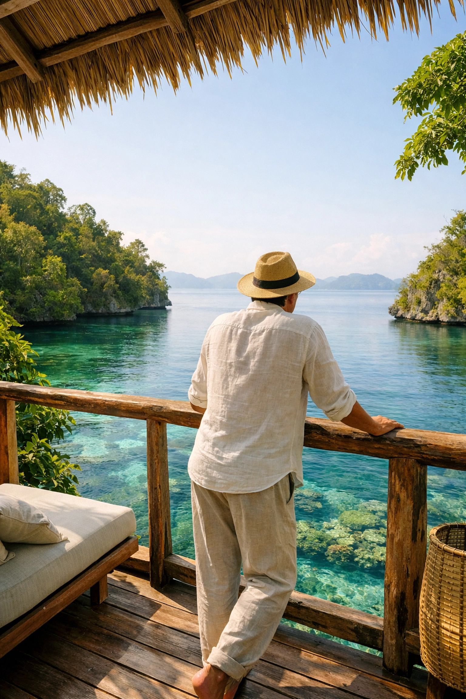 Traveler overlooking a vibrant coral reef from a luxury eco-villa balcony in Raja Ampat's private marine reserve.