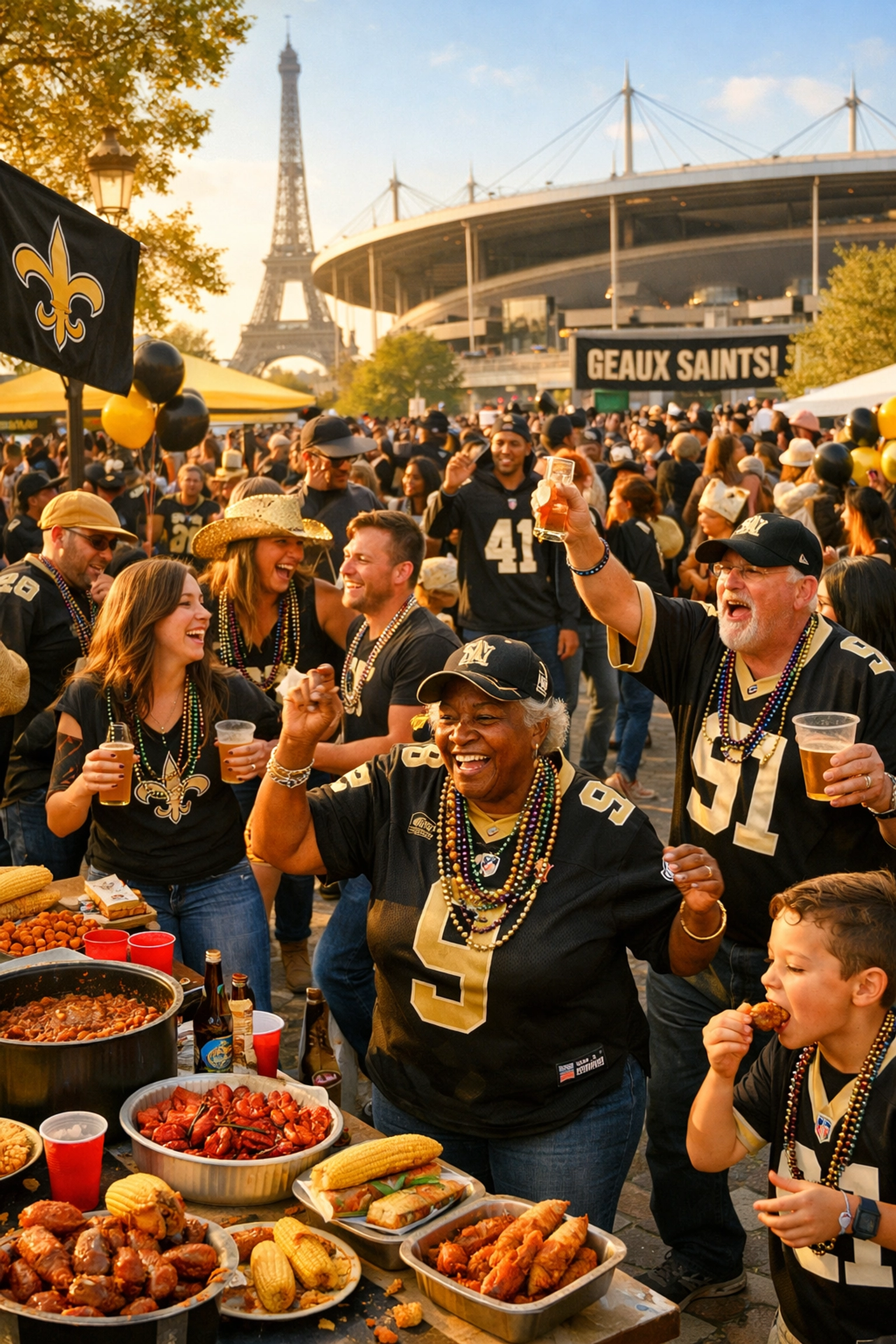 Saints fans tailgate party in Paris with Louisiana food and black and gold decorations