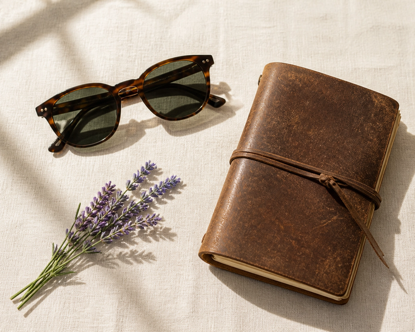 Travel planning essentials like a journal and sunglasses, representing Spring Black Friday vacation deals.