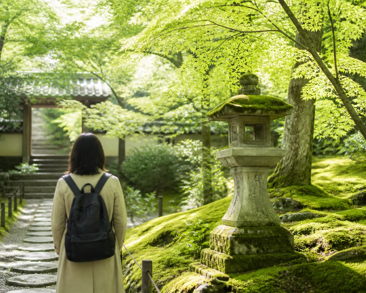Traveler exploring a mossy temple garden in Kyoto, Japan, during a peaceful morning walk.