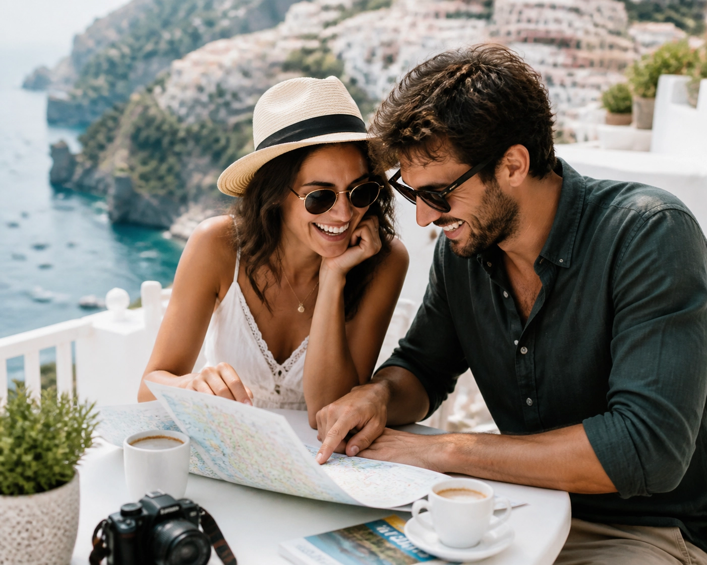 A couple laughing while planning their next adventure on a terrace overlooking the Mediterranean coast.