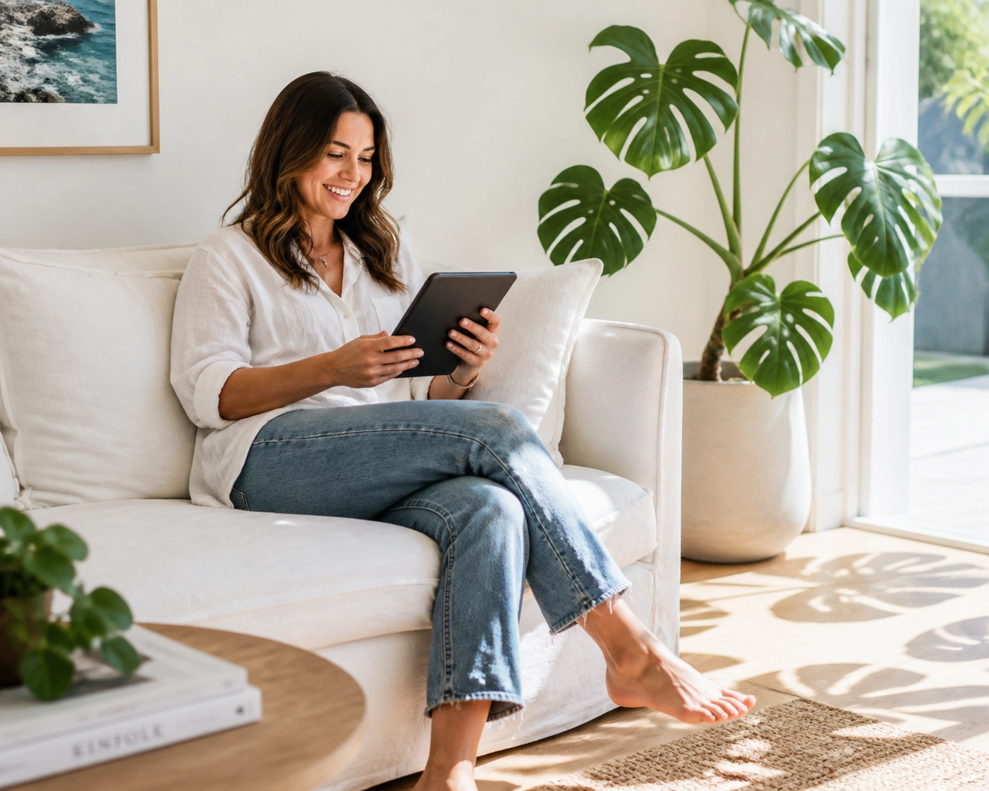 A woman smiling while booking a bucket-list trip on a tablet in a sun-drenched minimalist home.