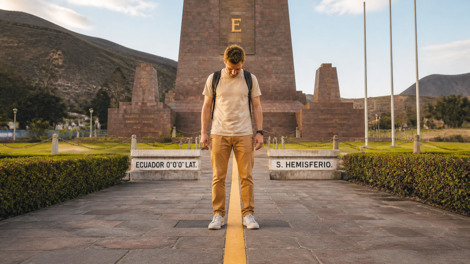 Traveler standing on the equator line