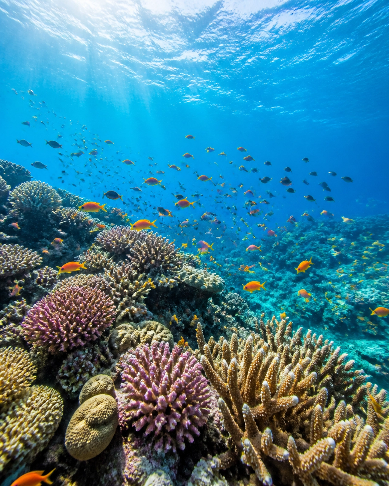 A vibrant underwater scene in the Southern Maldives showing a healthy, colorful coral reef. Schools of small tropical fish swim through the clear water.