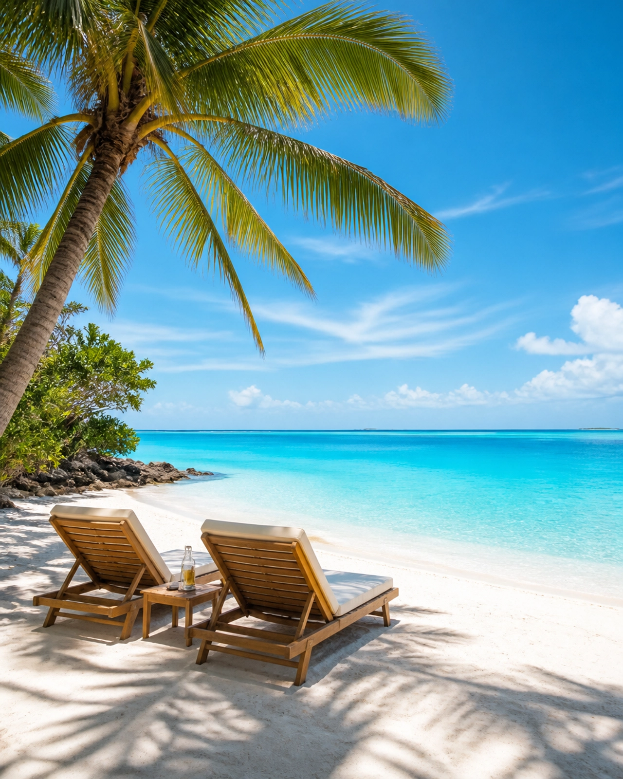 A quiet, luxurious beach setup on a remote island. Two simple wooden lounge chairs sit on the white sand under a palm tree.