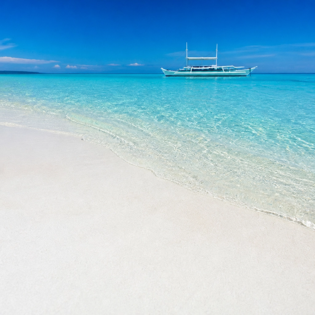 Powdery white sand meeting crystal clear azure water in Boracay with a traditional outrigger boat in the distance.