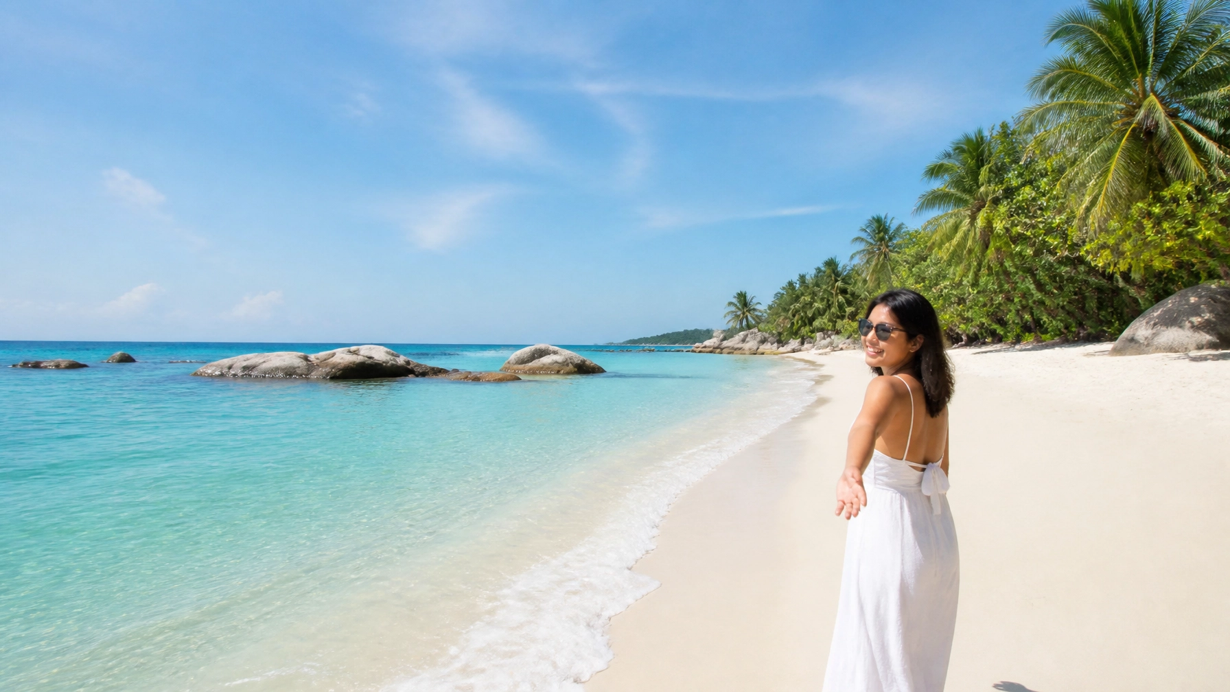 Bangka Island diving - wide view of a pristine tropical beach with white sand and turquoise water.