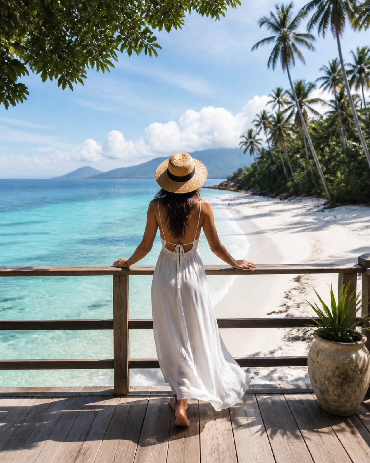 A stylish traveler looking out at the white sandy beaches of the Philippines from a wooden deck
