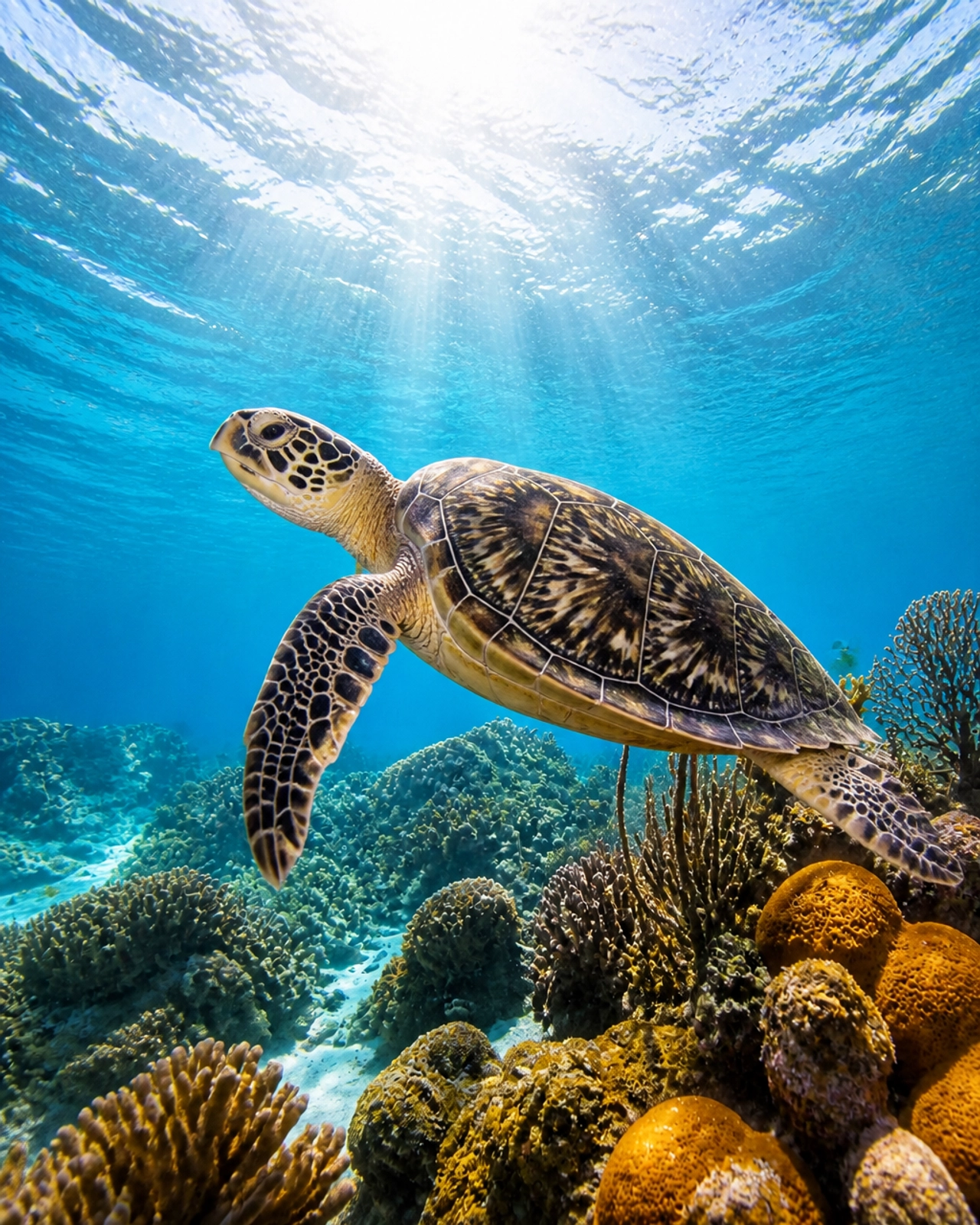 Macro photography of a hawksbill sea turtle swimming over a vibrant coral reef in Cozumel