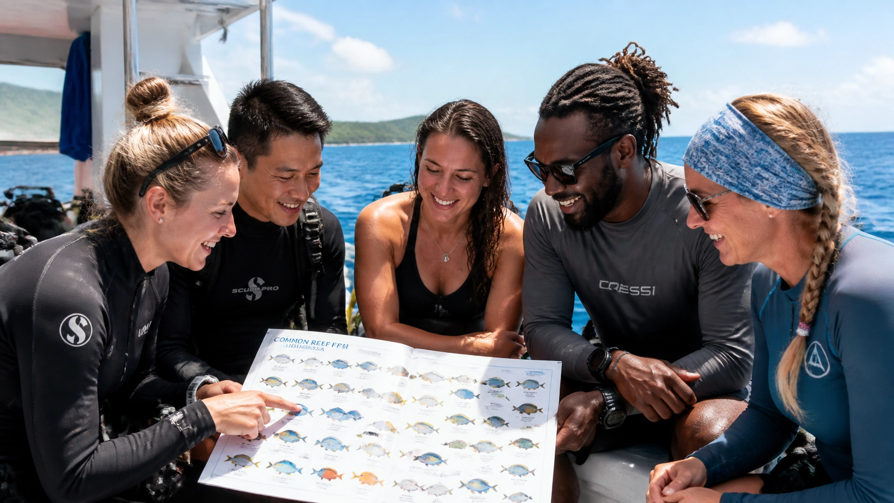 A group of diverse divers on a boat deck, smiling and looking at a colorful fish identification chart together, with a bright ocean background.