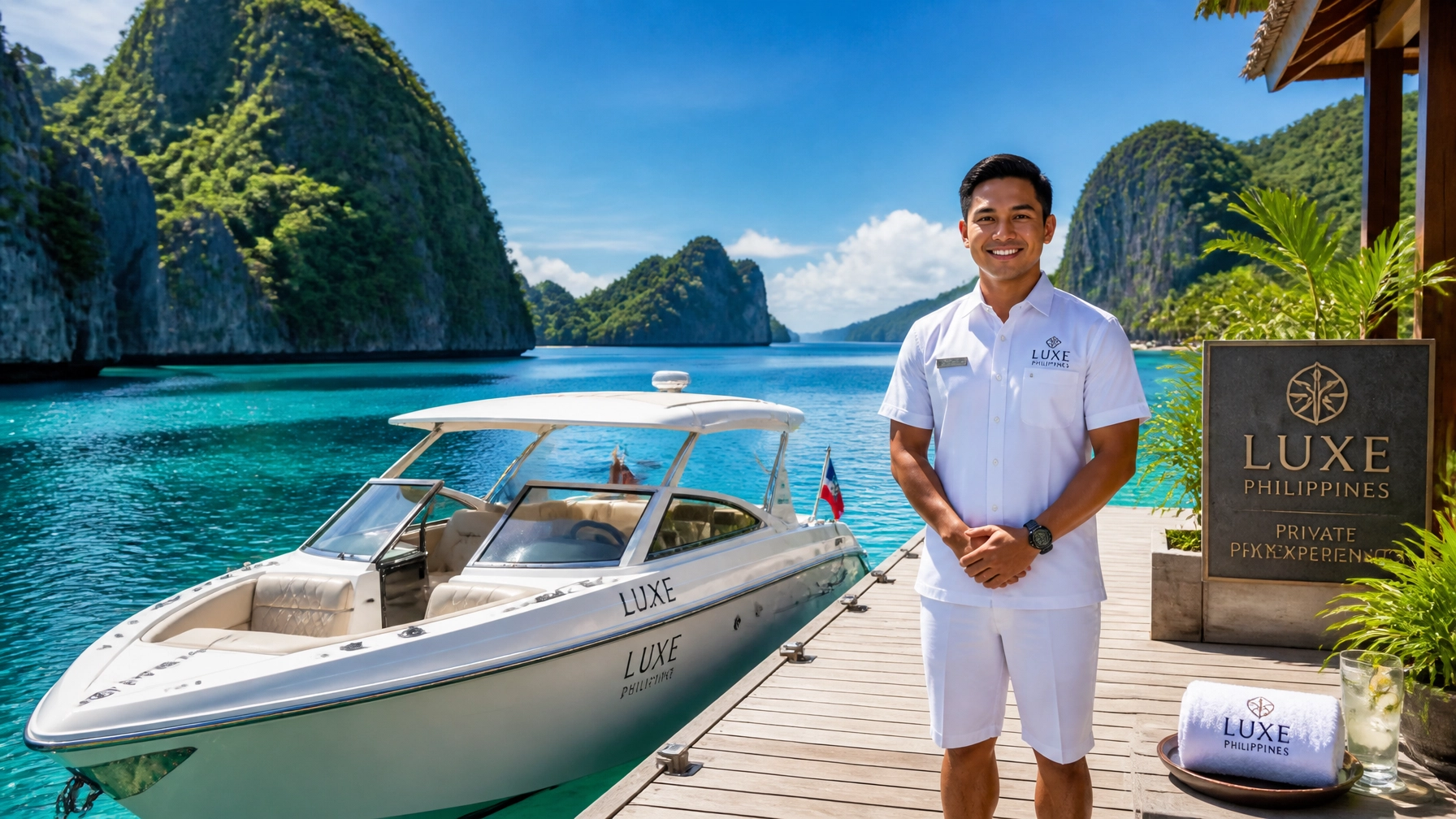 A sleek private speedboat waiting at a wooden pier in a secluded bay with professional staff.