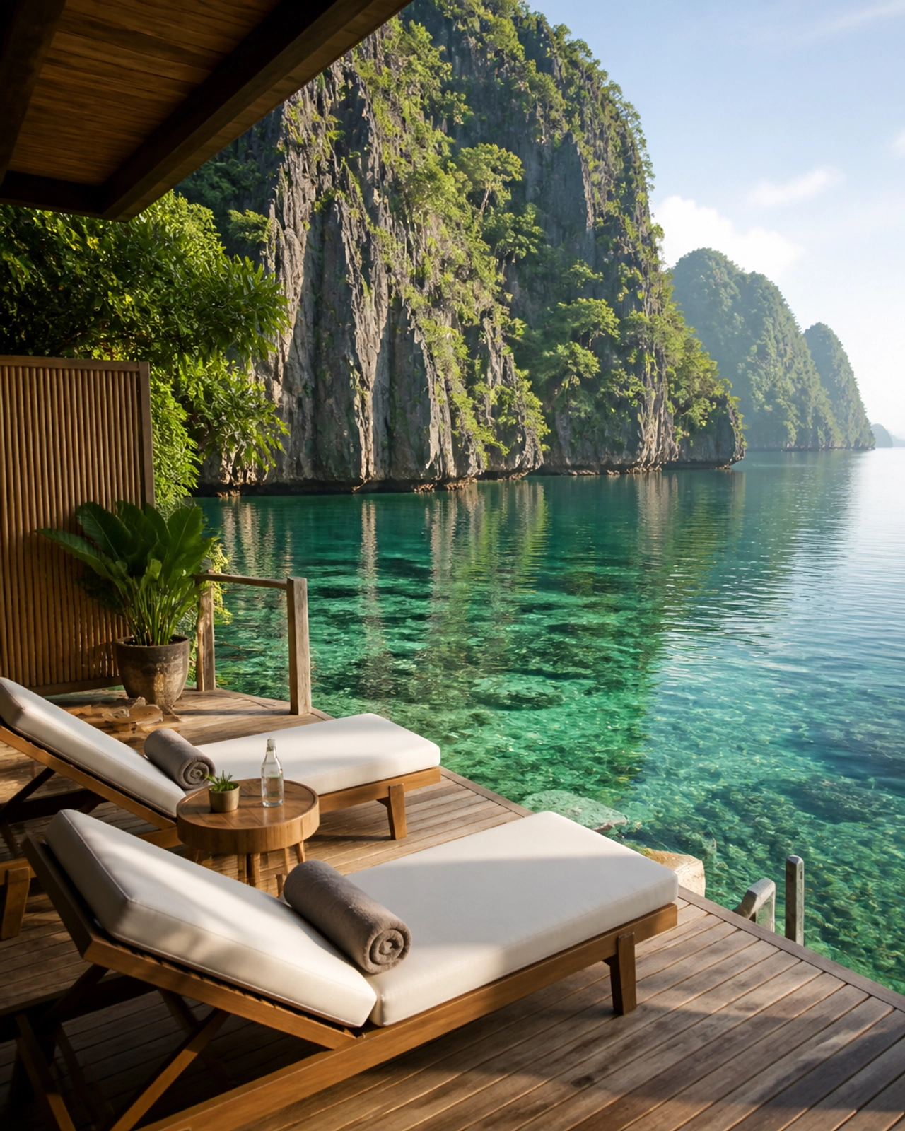 A luxury villa terrace in Palawan overlooking a calm, emerald-green lagoon and limestone cliffs.