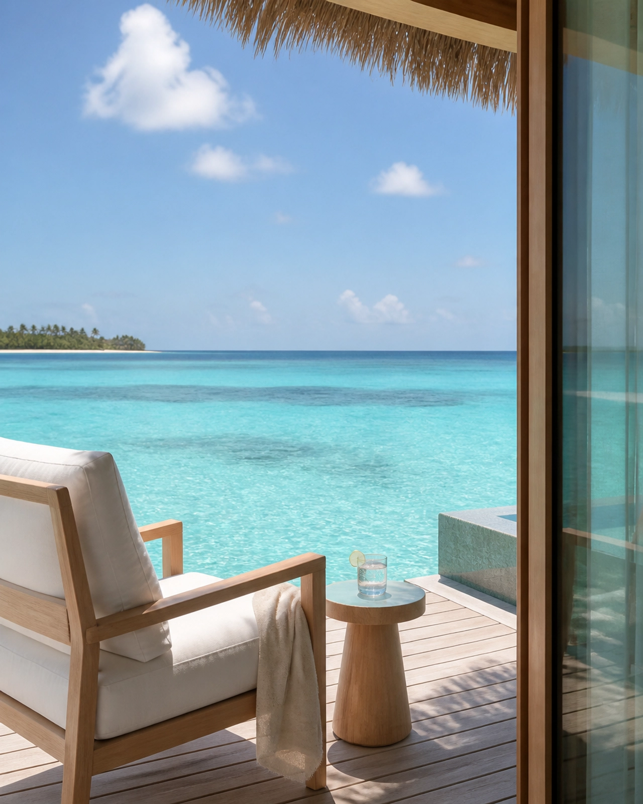 A serene view from a luxury overwater villa balcony in the Maldives
