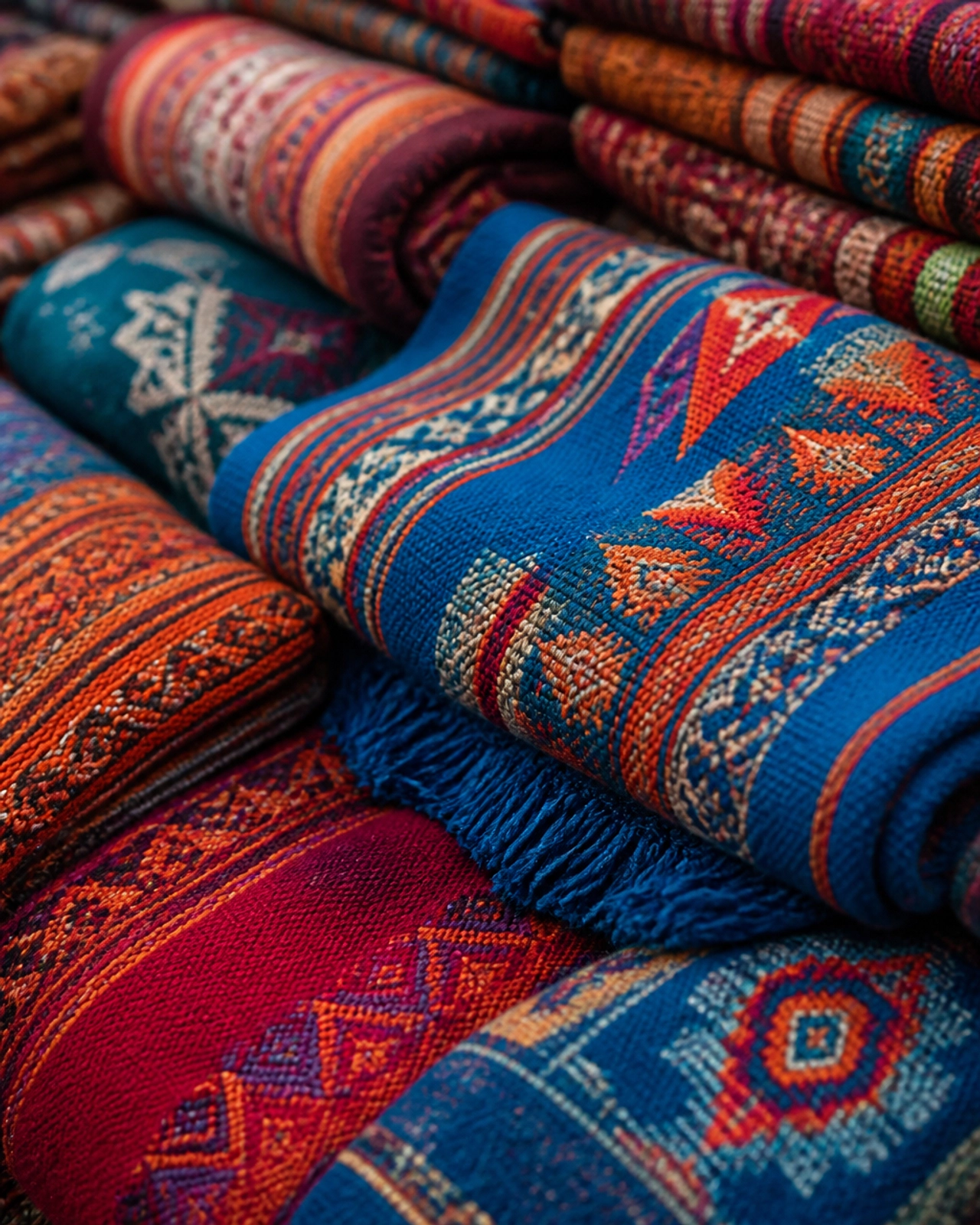 Hand-woven textiles at the Otavalo market