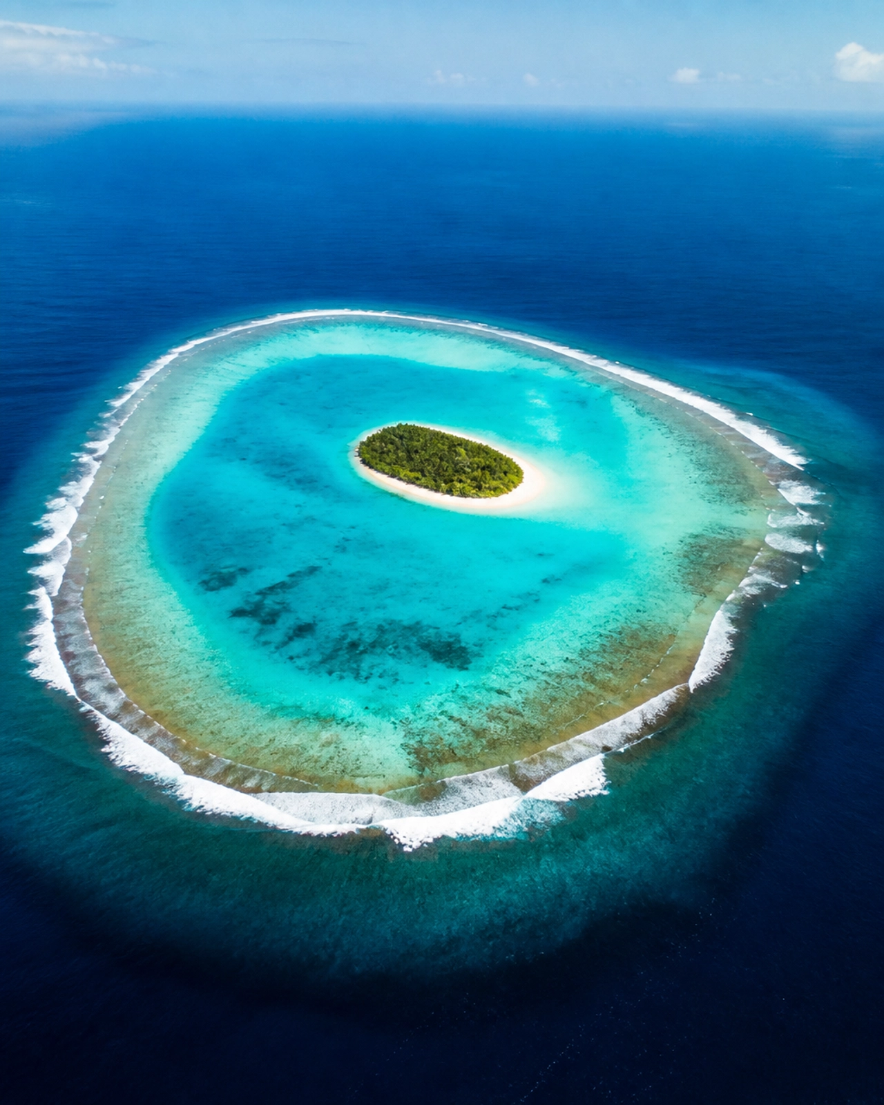 An aerial drone view of a remote coral atoll in the Southern Maldives. A single, small green island is surrounded by a vast turquoise lagoon.