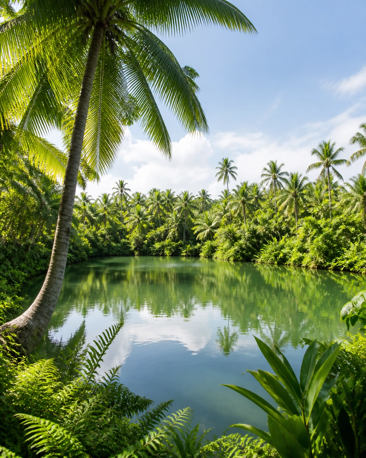 A lush, tropical landscape on a Maldivian island featuring a peaceful freshwater lake surrounded by dense green palms and ferns.