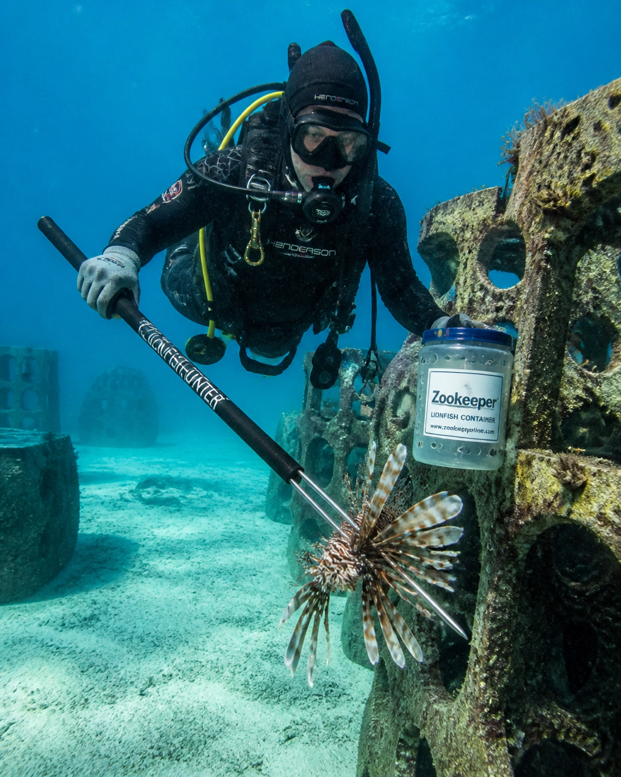 A scuba diver underwater in Pensacola, Florida, focused on lionfish hunting.