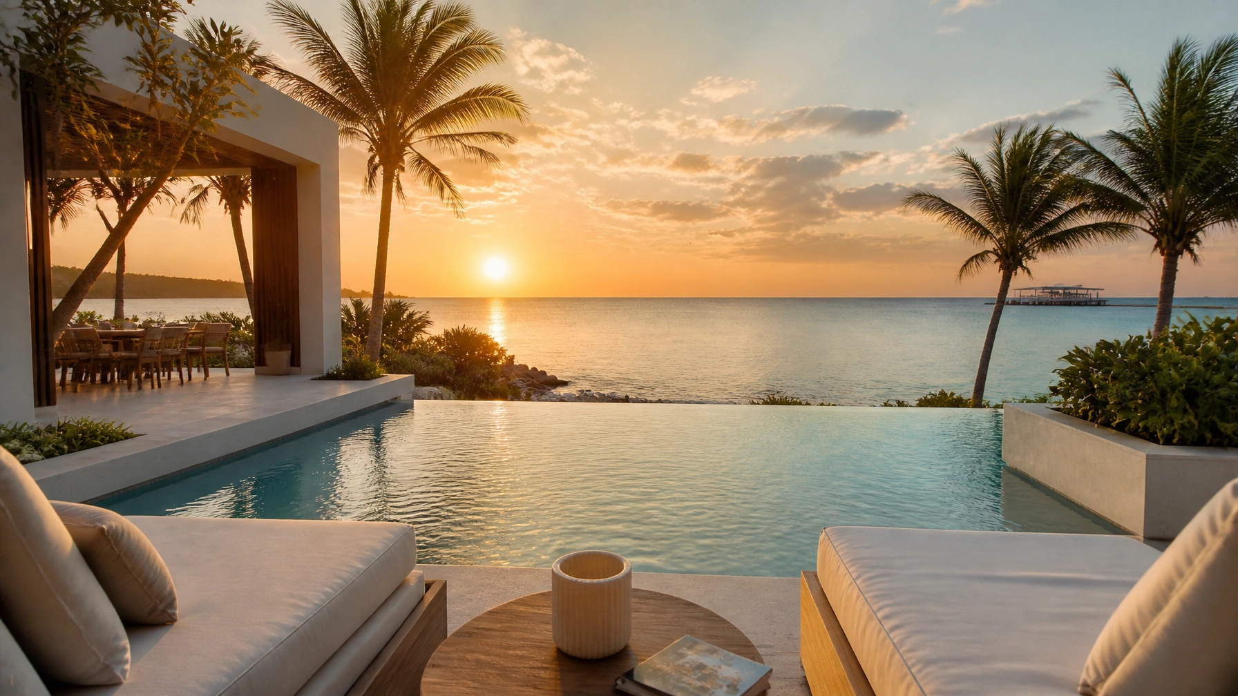 A luxury beachfront resort in Cozumel at golden hour with an infinity pool overlooking the ocean