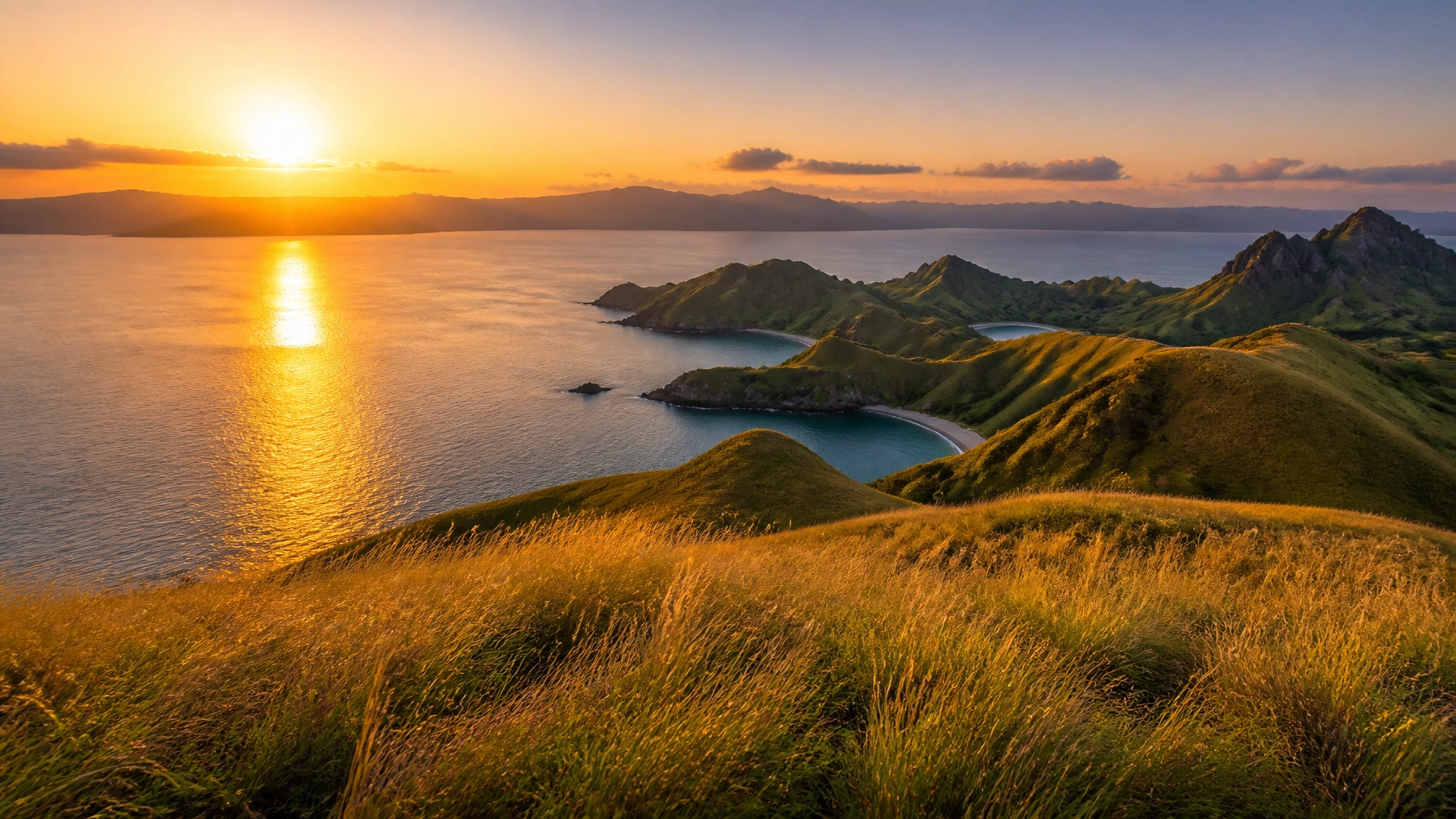 Dramatic sunset over the rolling green hills of Komodo Island, Indonesia