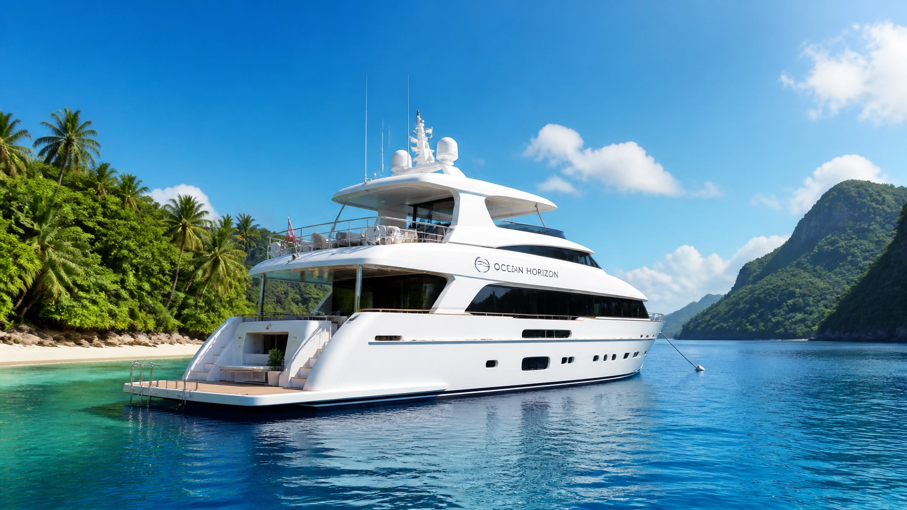 A sleek, modern white liveaboard yacht anchored in a calm, sapphire-blue bay surrounded by lush tropical islands under a bright afternoon sun.