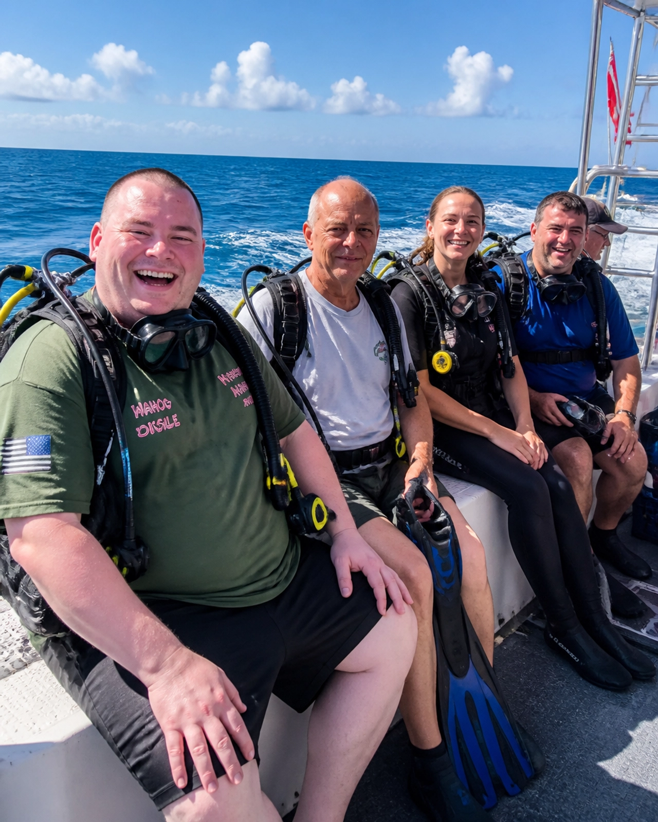 A group of happy scuba divers sitting on a dive boat in Cozumel, laughing and enjoying the sun