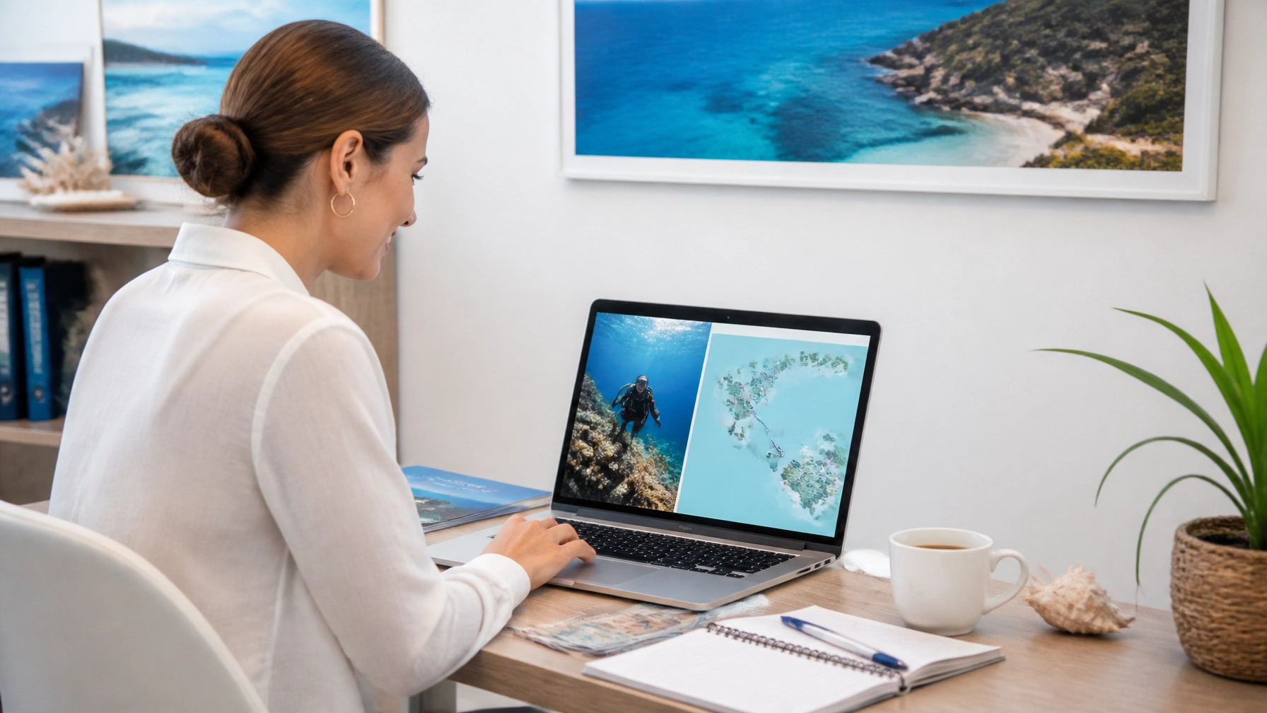 A travel concierge consultant in a bright, modern office reviewing a dive itinerary on a laptop with a beautiful ocean view in the background. Minimalist and professional style.