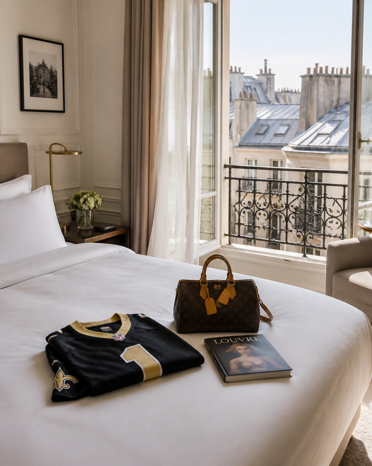 A luxury hotel room in Paris with a Saints jersey and a view of the city rooftops