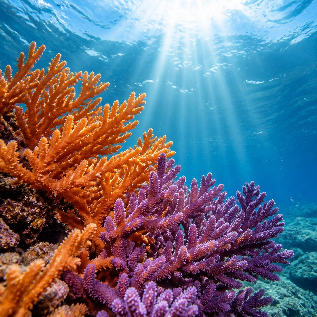 Close-up shot of vibrant orange and purple coral reefs